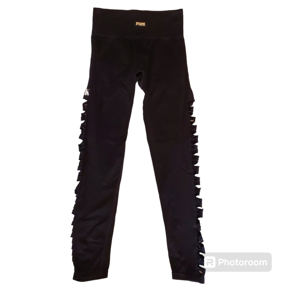 32. PINK Women's Black Athletic Leggings With Decorative Slits on Sides Size M